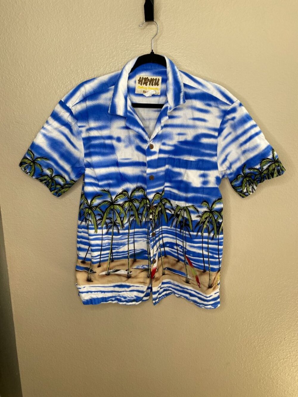 Vintage Honu Mens blue Hawaiian Button-Up Shirt  M cotton short sleeve floral
